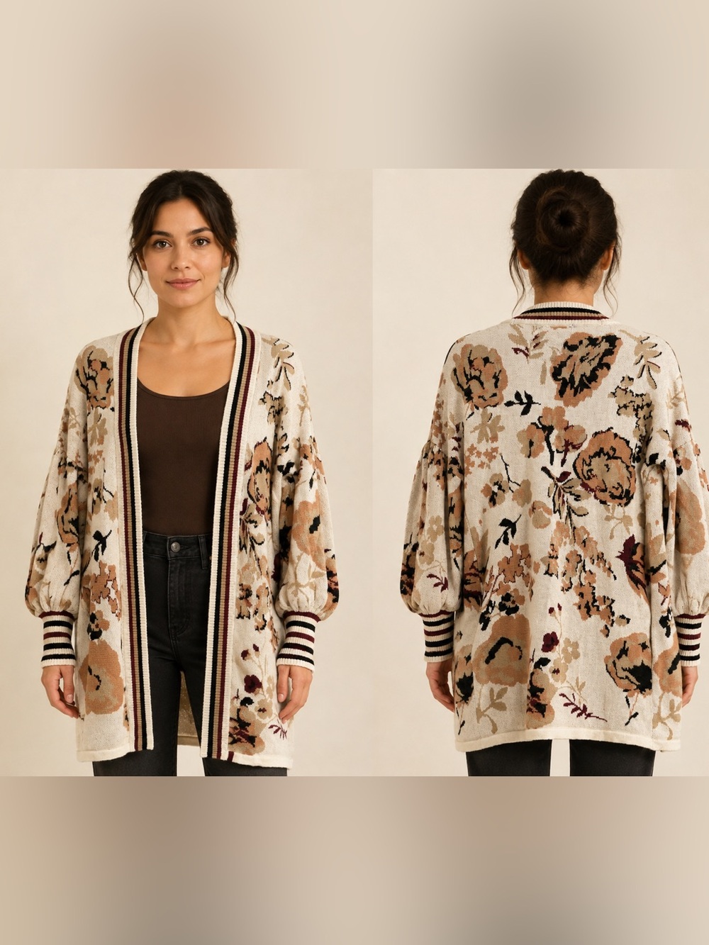 A Love Story cream floral cardigan with brown and black flowers